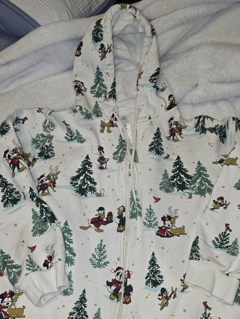 Disney White Holiday Zip-Up Hoodie with Green Tree & Red Character Accents 1x